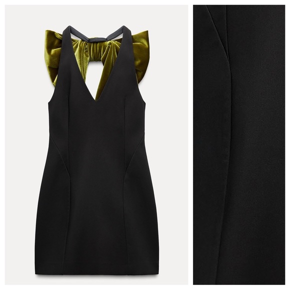 NWT. Zara Black Maxi Bow Velvet Short V-Neck Dress. Size M. - Picture 8 of 15